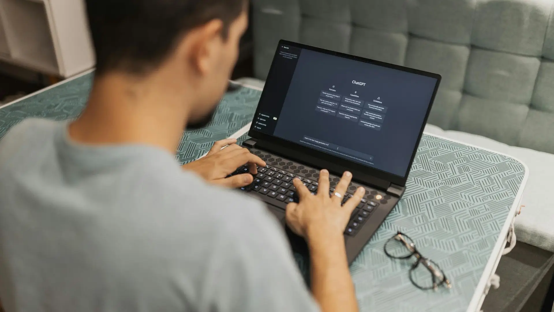 A person using an AI chat tool for business content creation.