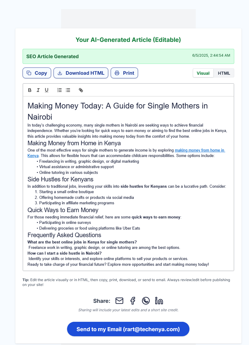 An example of an AI-generated article for a WordPress blog in Kenya using JustSEO AI.