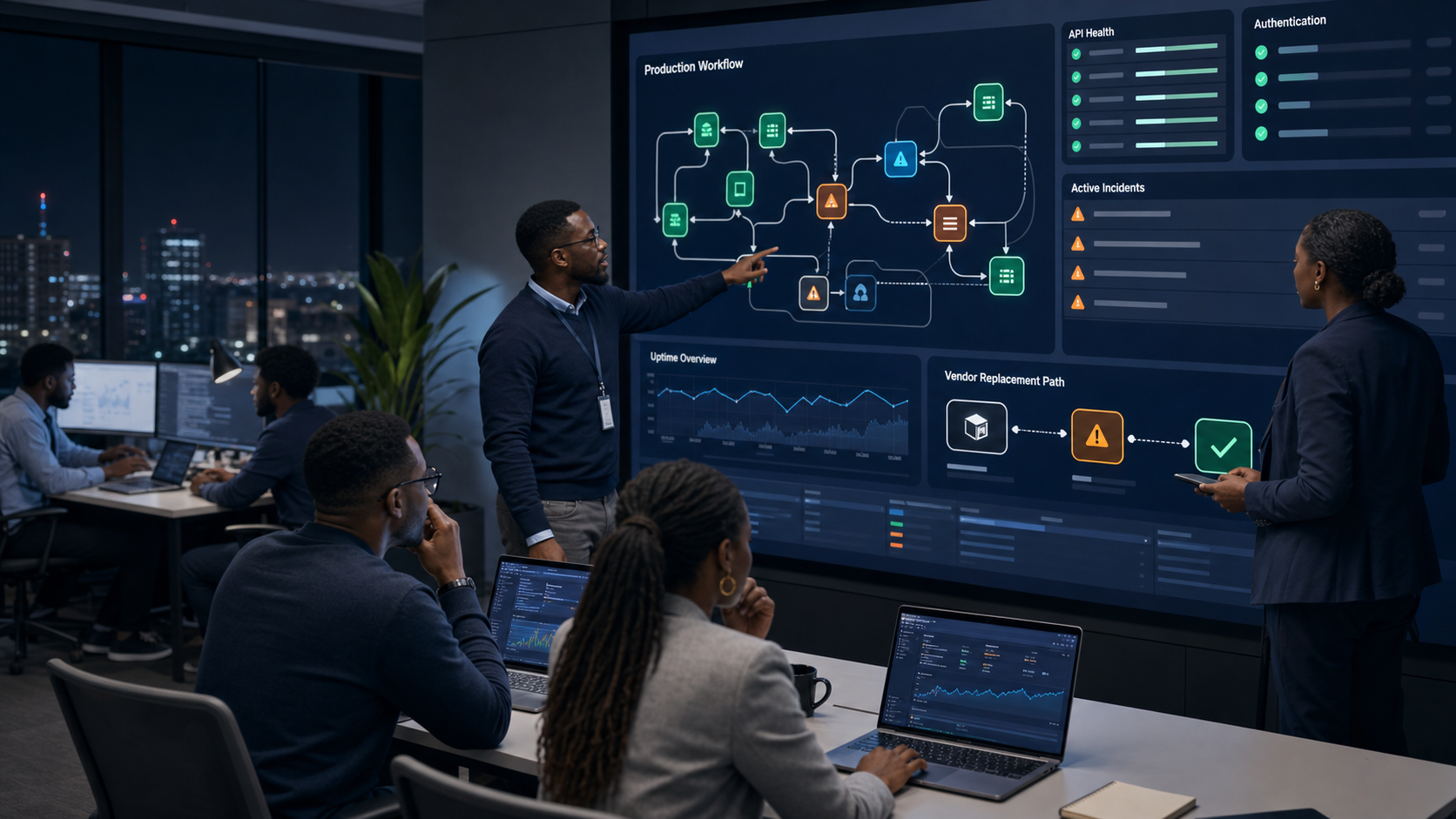 Enterprise automation operations team monitoring n8n, Make and API workflow health
